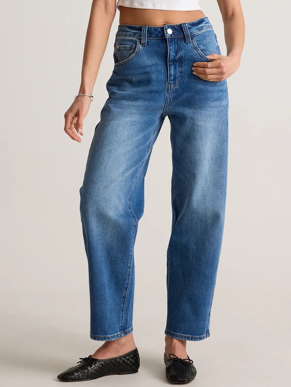 Quince NWT Bella Barrel Stretch Jeans Atlantic Blue Size 28 - Picture 2 of 15